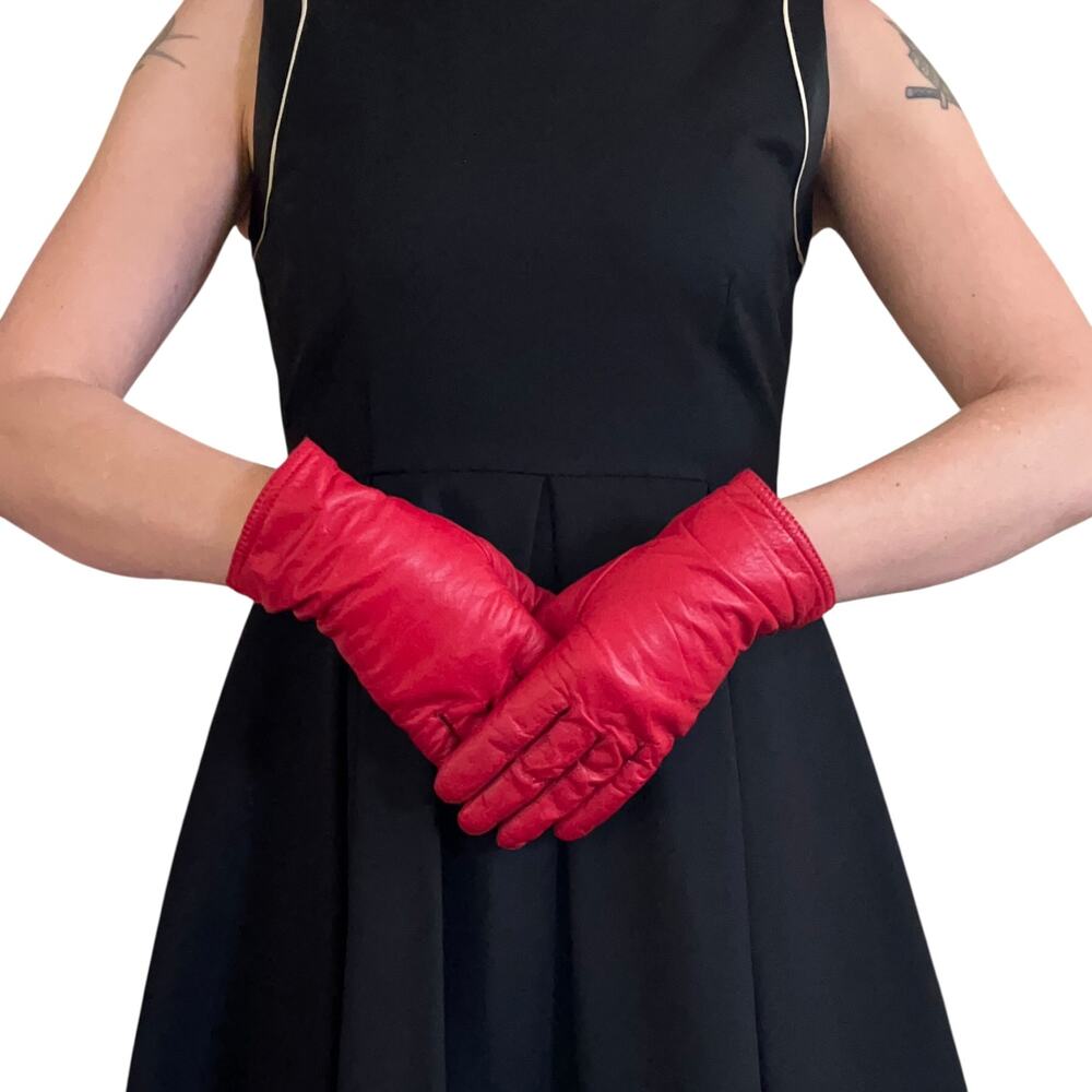 Vintage Red Leather Grandoe Warm Knit Lined Womens Wrist Gloves Size M